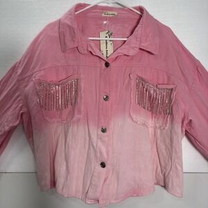 Southern Stitch Womens Denim‎ Pink With Rhinestones Button Front Shirt XXL/XXXL